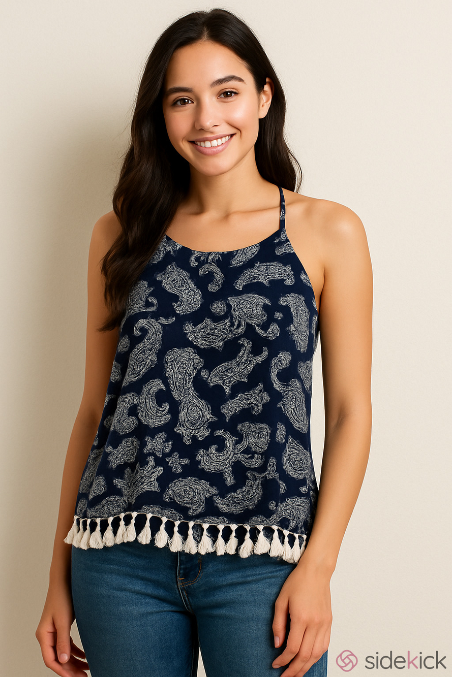 Red Camel Paisley Halter Top Navy Blue White Boho Tassel Fringe Hem Backless